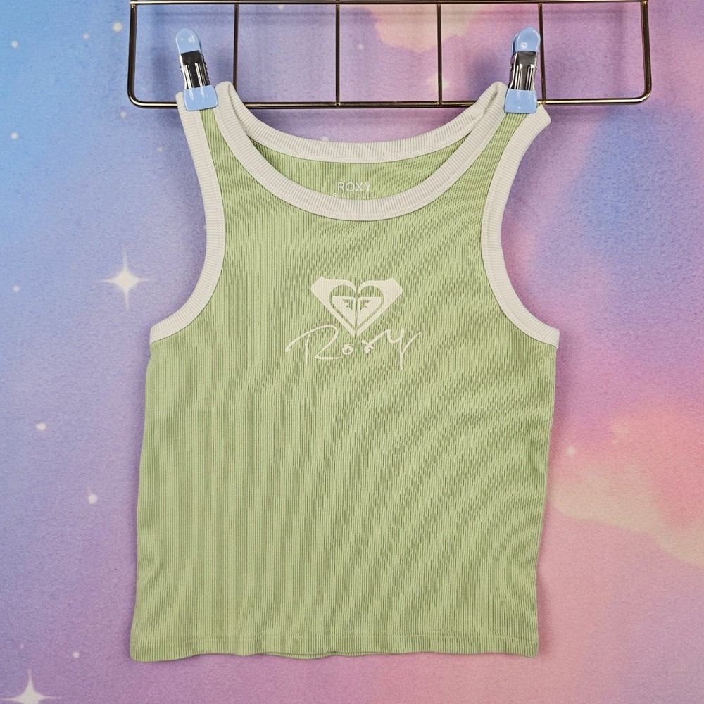 Roxy Ringer Tank Top Girls M 8/10 Green Excellent Ribbed Logo Graphic Scoop Neck